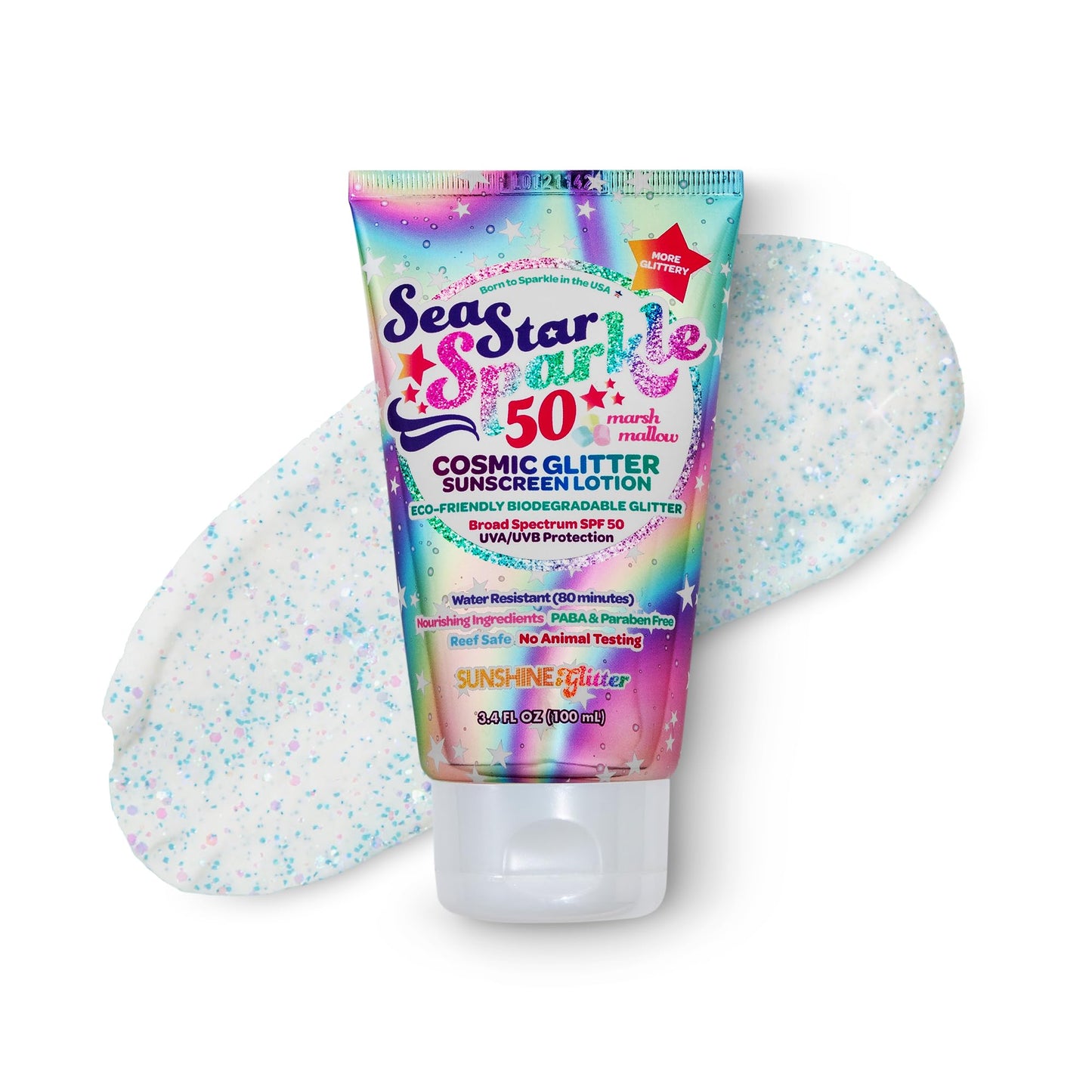 Seastar Sparkle - Cosmic Marshmallow Scented Glitter Sunscreen Lotion - SPF 50 - Biodegradable Sunscreen, Kids, Water Resistant, Glitter lotion