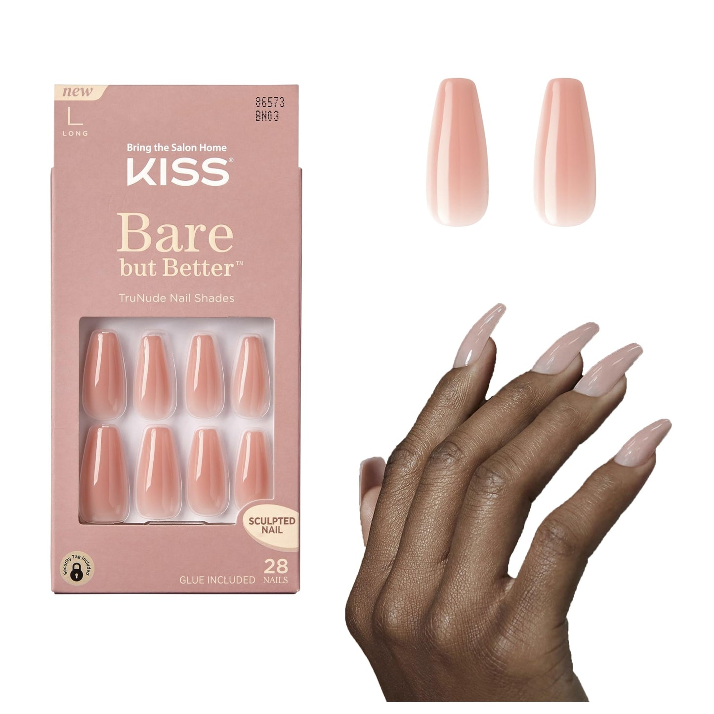 KISS Bare but Better, Press On Nails, Nail glue included, 'Nude Glow', Color, Long Size, Coffin Shape, Includes 28 Nails, 2g glue, 1 Manicure Stick, 1 Beauty & Personal Care KISS