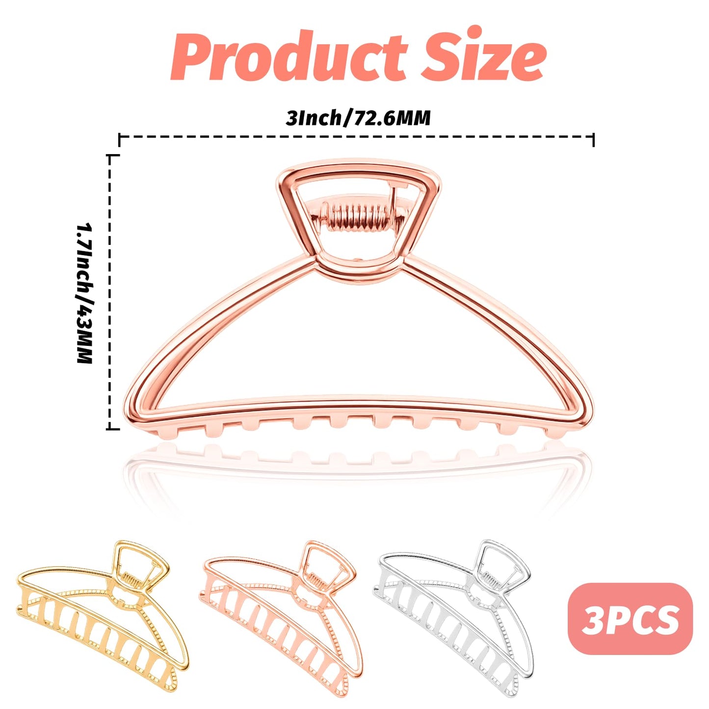 VinBee Metal Hair Clips for Women Hair Claw Clips Medium for Thick Hair 3 Pack (Silver + Gold + Rose Gold)