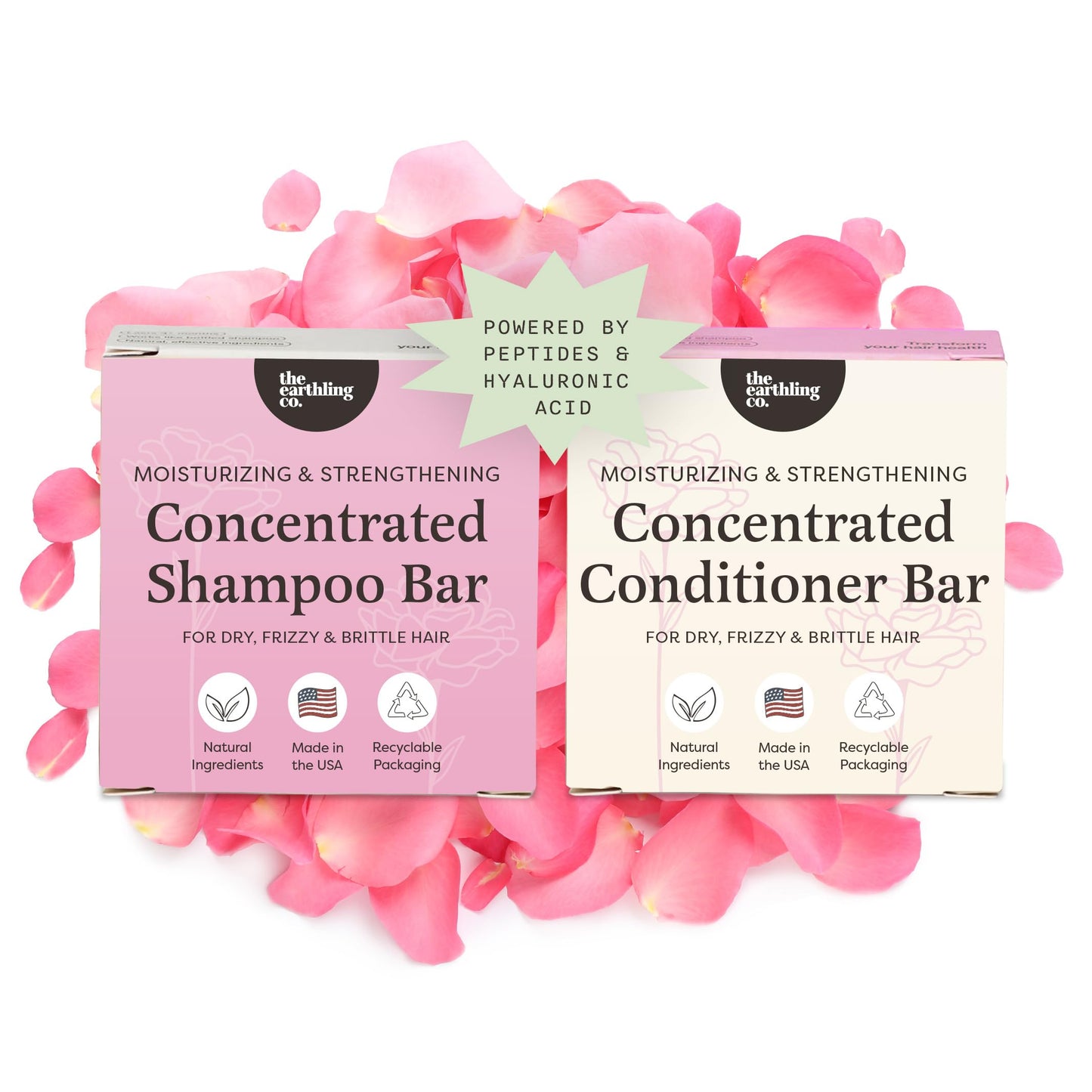 The Earthling Co. Moisturizing Peptide Shampoo & Conditioner Bar Set For Hair Growth, Strength, Repair & Split Ends - Sulfate & Paraben Free