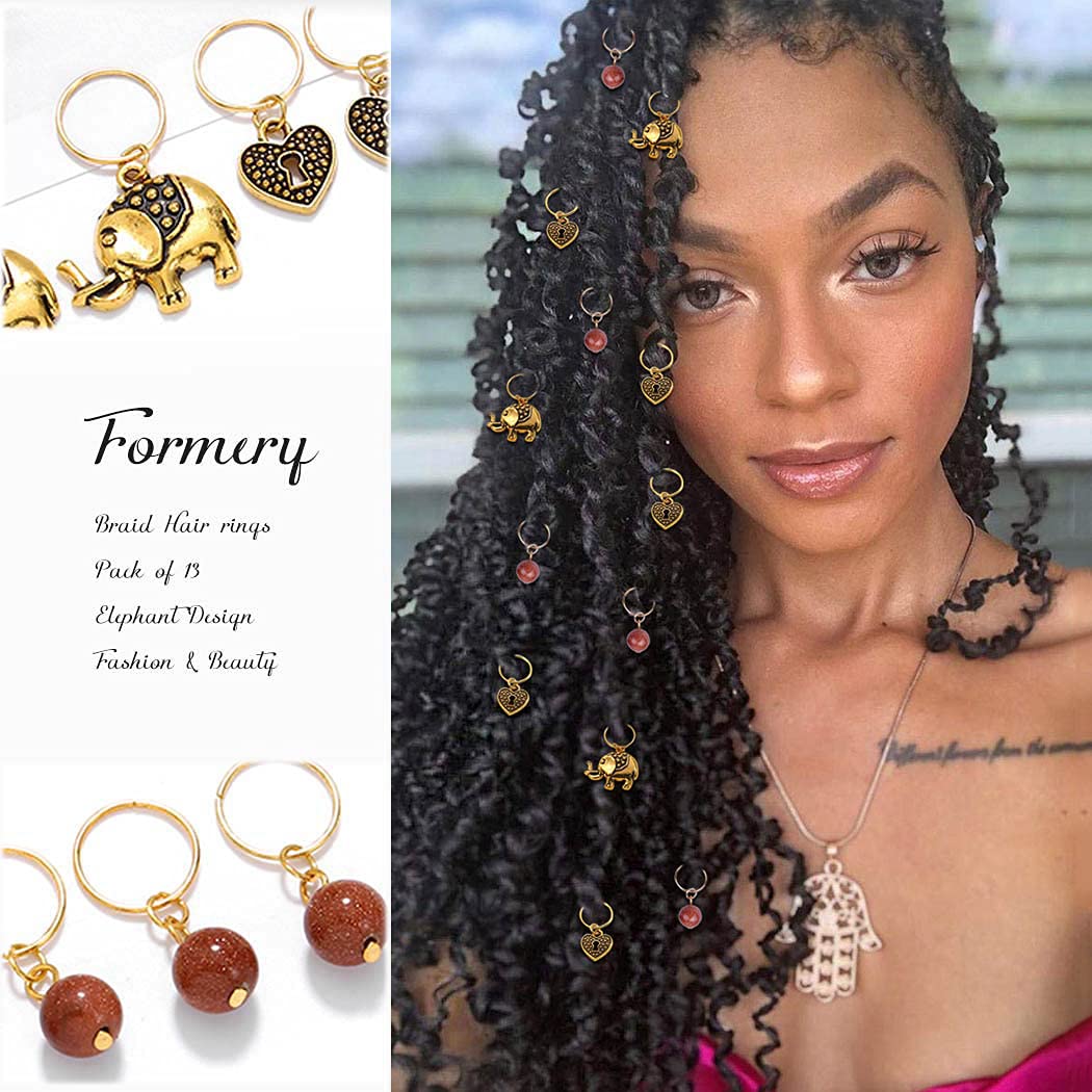 Formery Beads Dreadlock Clip Accessories Gold Elephant Box Braid Rings Heart African Hair Charms Jewelry for Black Women (13PCS)