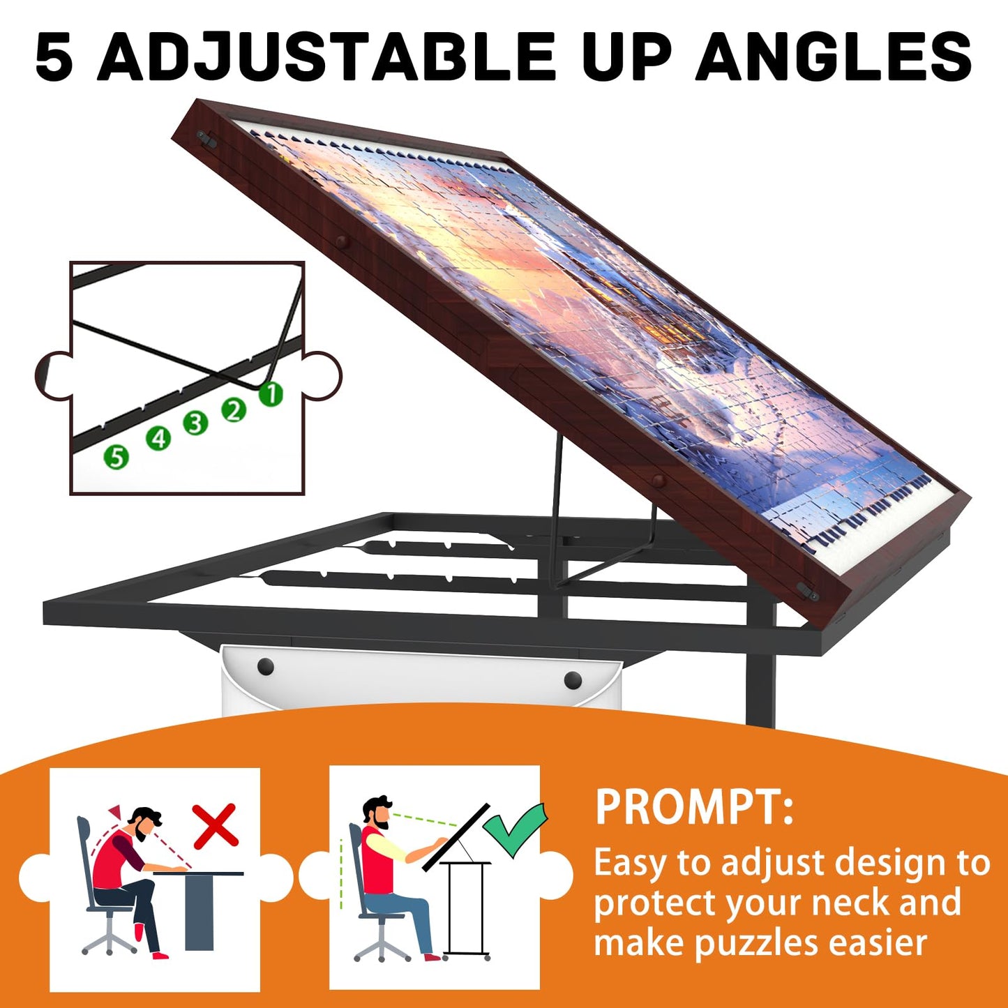 Doerpuz Jigsaw Puzzle Table – 1500 Piece Board with Legs, Wheels & Storage Pocket, 5 Adjustable Levels, Drawers, Coffee Color