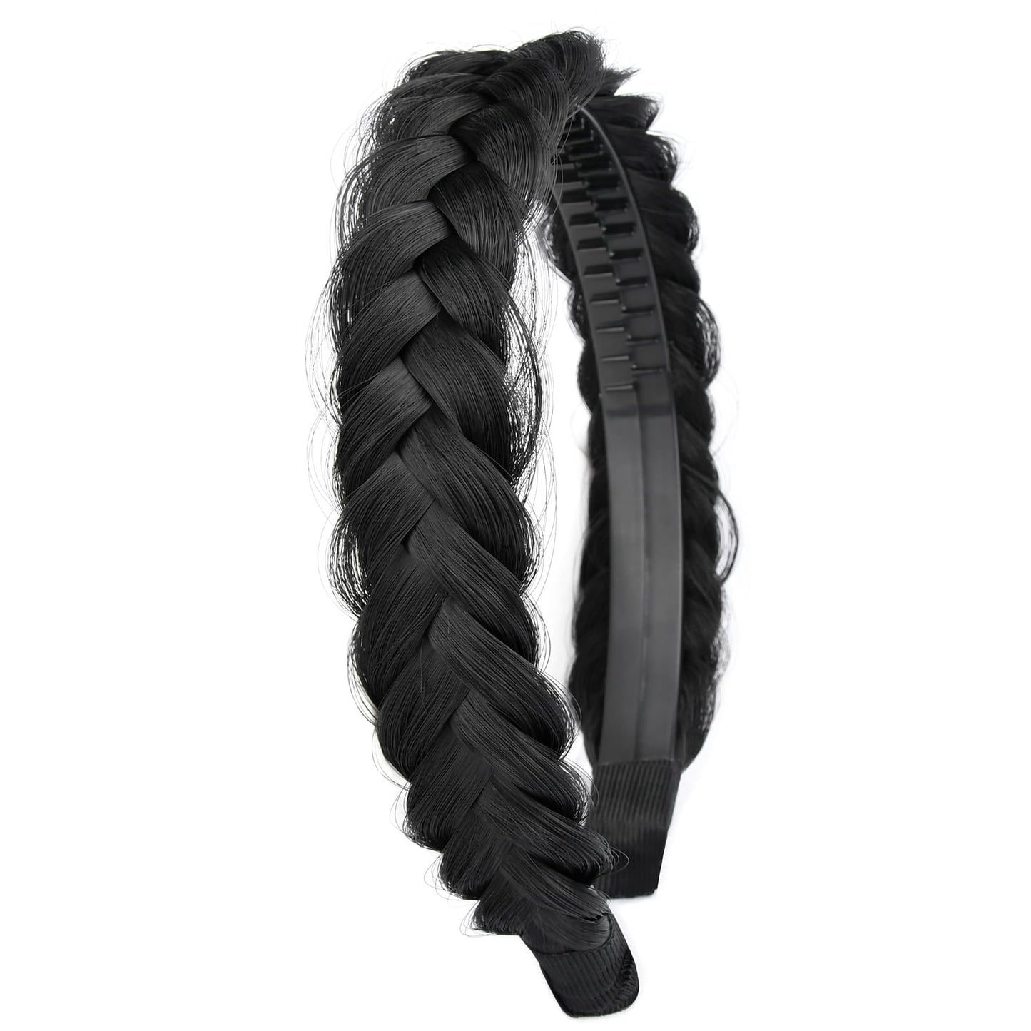 DIGUAN Headband Synthetic Hair Plaited Headband Braid With Teeth Hair Band Accessories for Women Girl Width 1.5 Inch (W-Natural Black)