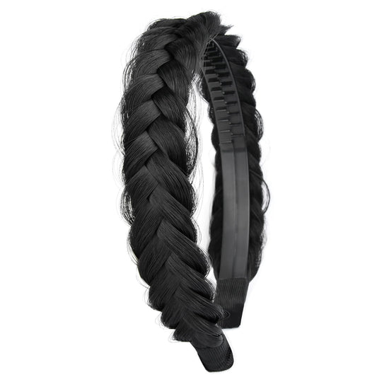 DIGUAN Headband Synthetic Hair Plaited Headband Braid With Teeth Hair Band Accessories for Women Girl Width 1.5 Inch (W-Natural Black)