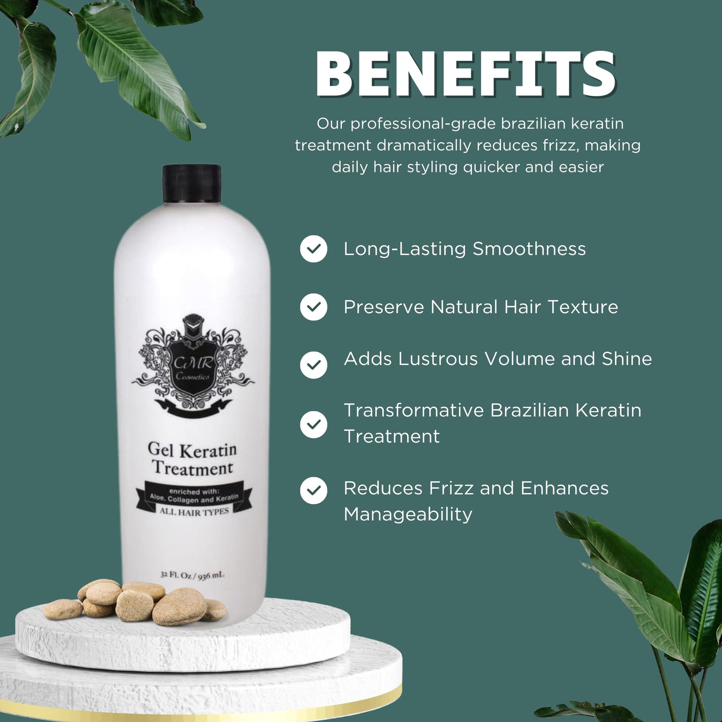 CMR Cosmetics Brazilian Keratin Hair Treatment Gel - Straightening, Smoothing & Repairing Formula, Adds Volume & Gloss, Reduces Frizz, Preserves