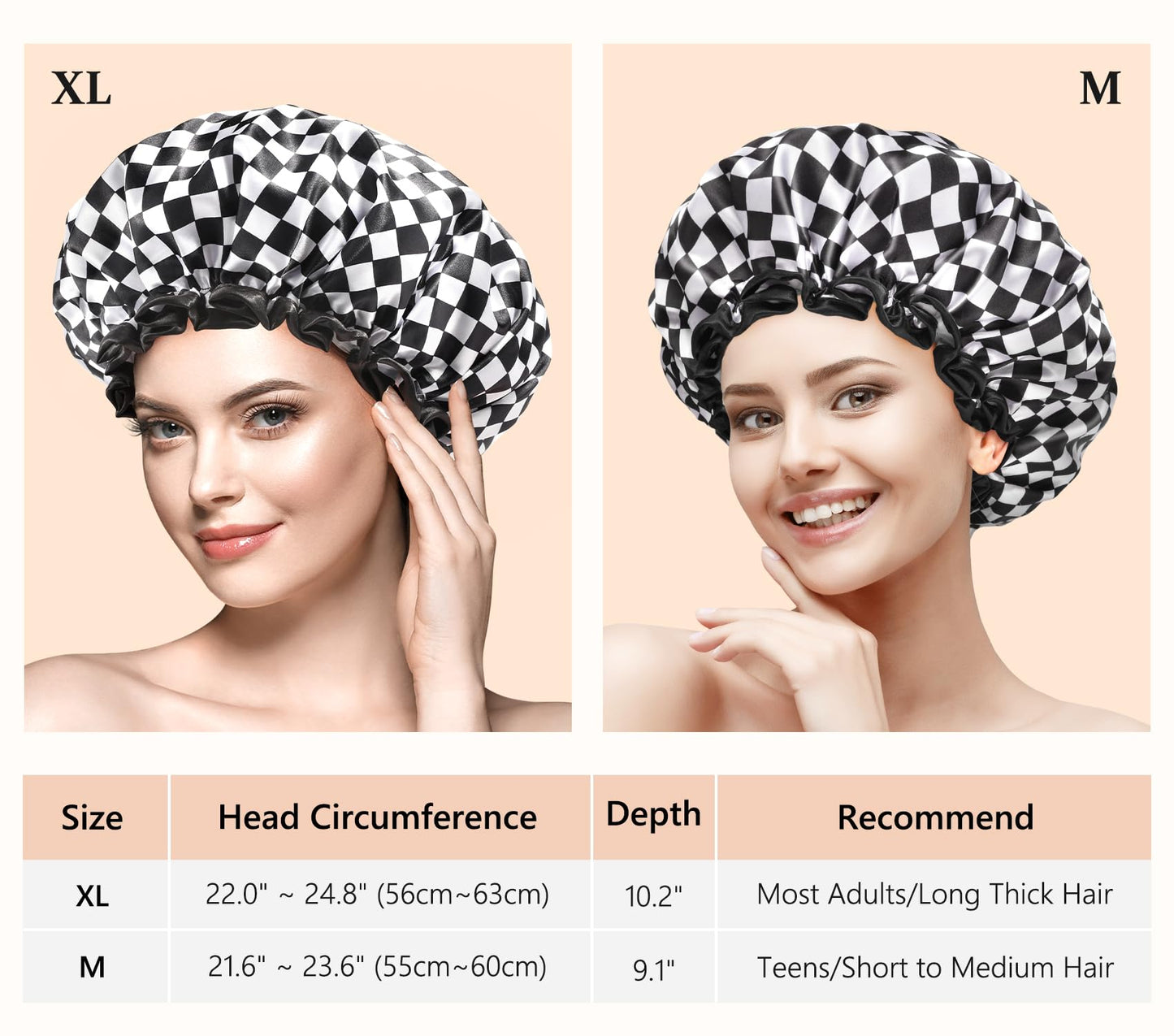 mikimini Shower Cap for Women, Reusable, Double Layers Waterproof Bathing Shower Hat with Soft Comfortable PEVA Lining, Non-fading, Stretchy & Shower