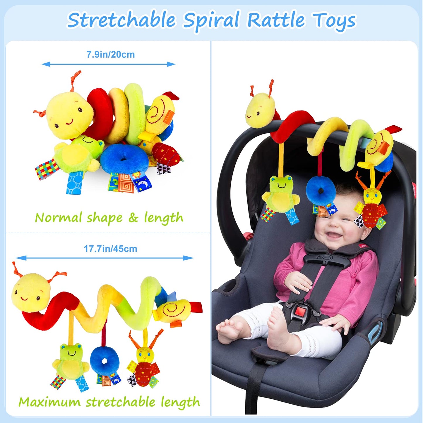 FPVERA Spiral Car Seat & Stroller Toy – Soft Hanging Baby Sensory Toy with Bell & Music for Crib, Stroller, Carseat (0-12M)