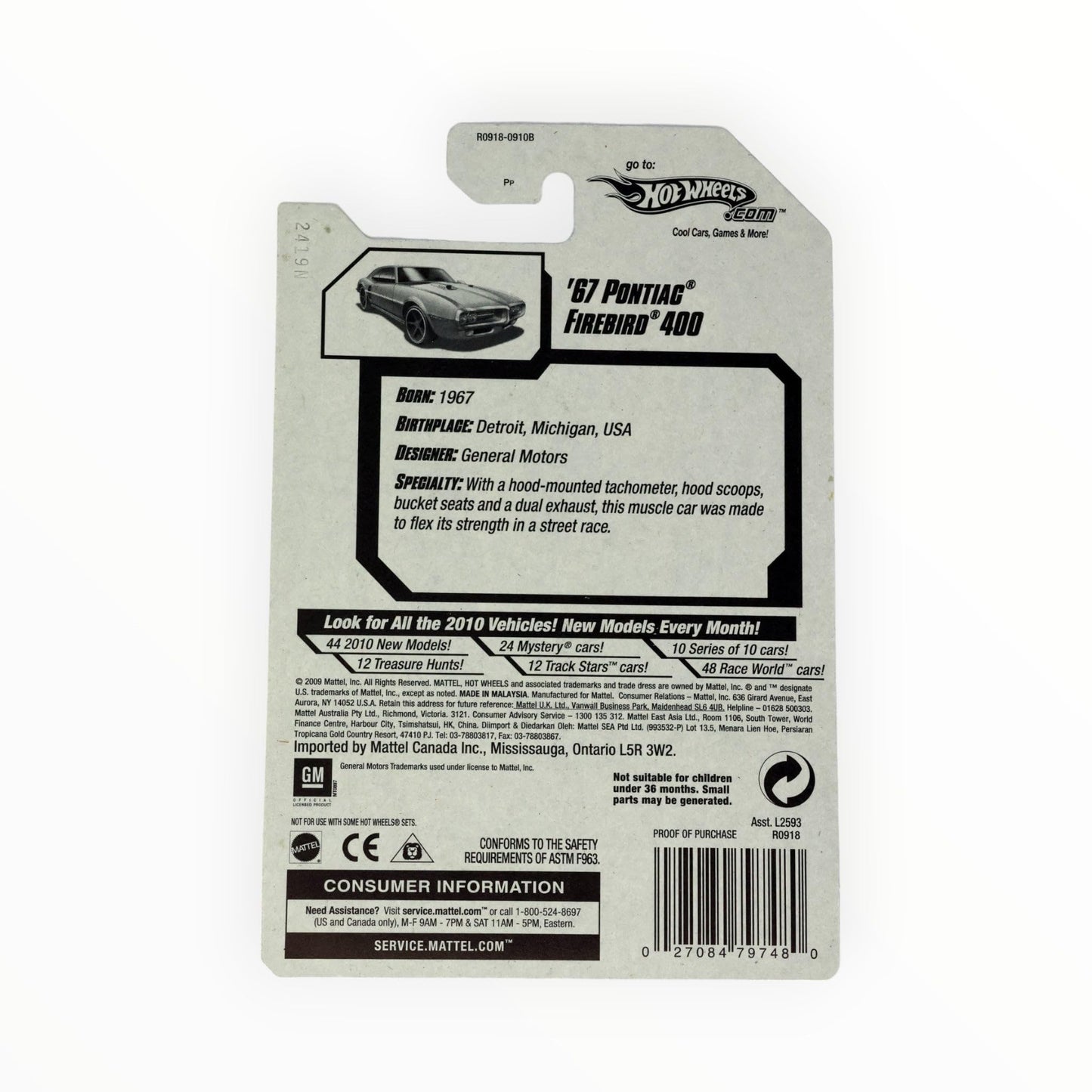 Hot Wheels 2010-003 New Models '67 Pontiac Firebird 400 GREEN 1:64 Scale