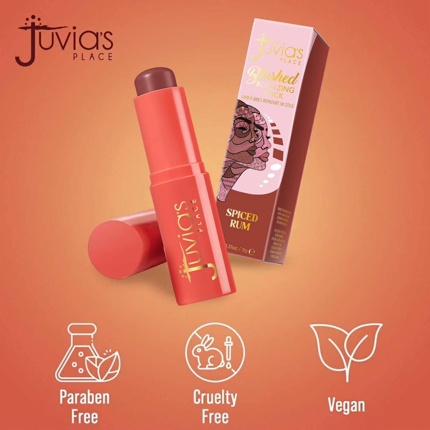 Juvia's Place Blushed Blonzing Stick - Spiced Rum - 2-in-1 Cream Bronzer & Blush Stick for Face - Buildable, Blendable Formula for a Sculpted, Radiant