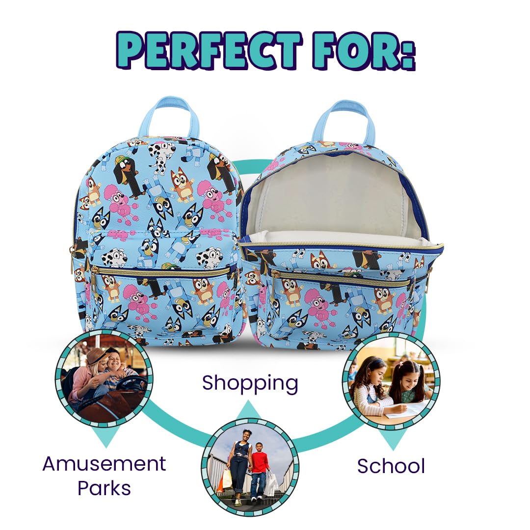 Bluey and friends Mini PU Leather Backpack Purse with Adjustable Straps 10 In (Blue, One Size)