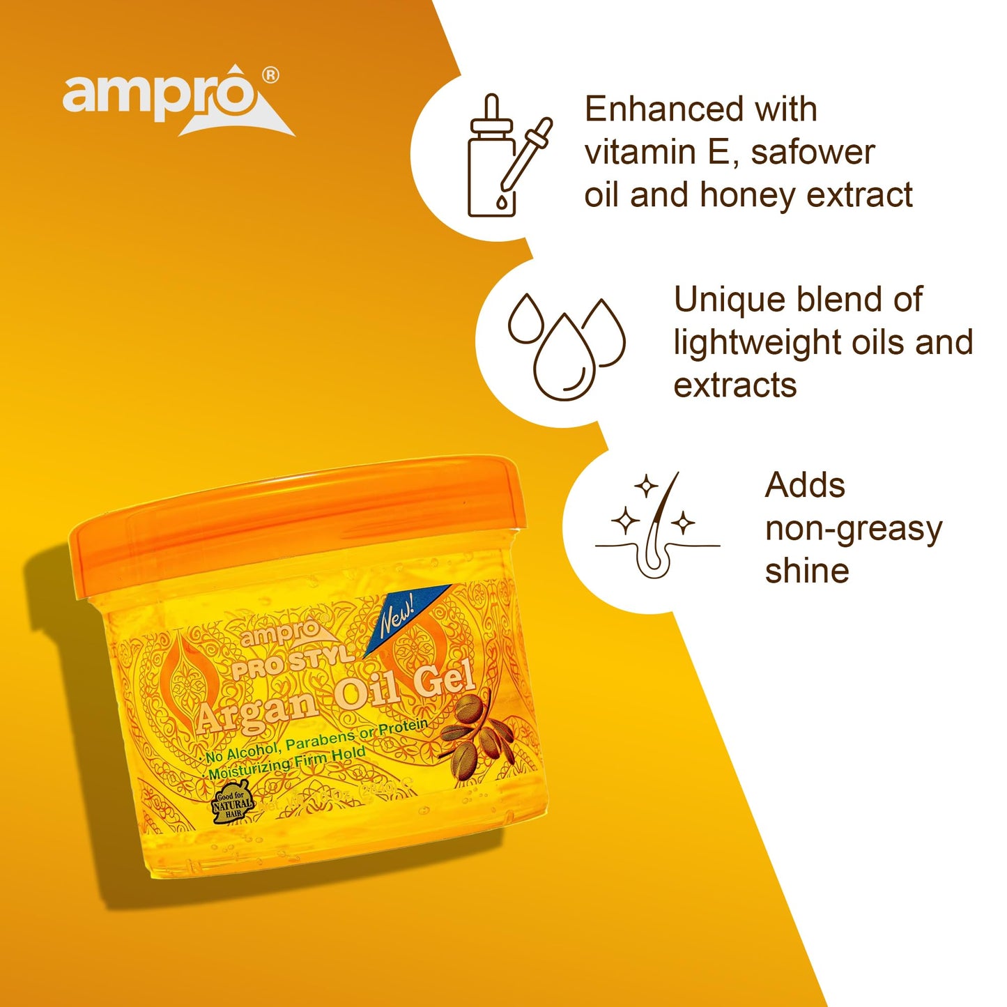 AmPro Pro Styl Argan Oil Styling Gel - Moisturizes and Conditions Your Strands - Non-Flaking, Alcohol Free, Vegan Formula - Creates Flexible