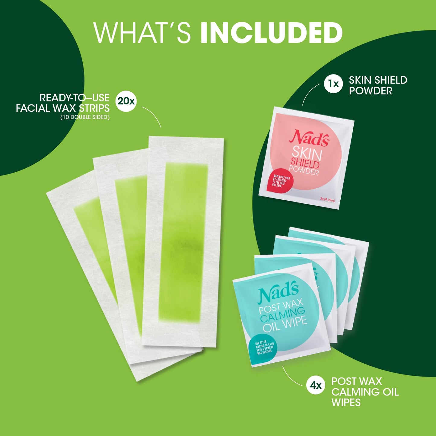 Nad's Facial Wax Strips - Hypoallergenic All Skin Types - Facial Hair Removal For Women - At Home Waxing Kit with 20 Face Wax Strips + 4 Calming Oil
