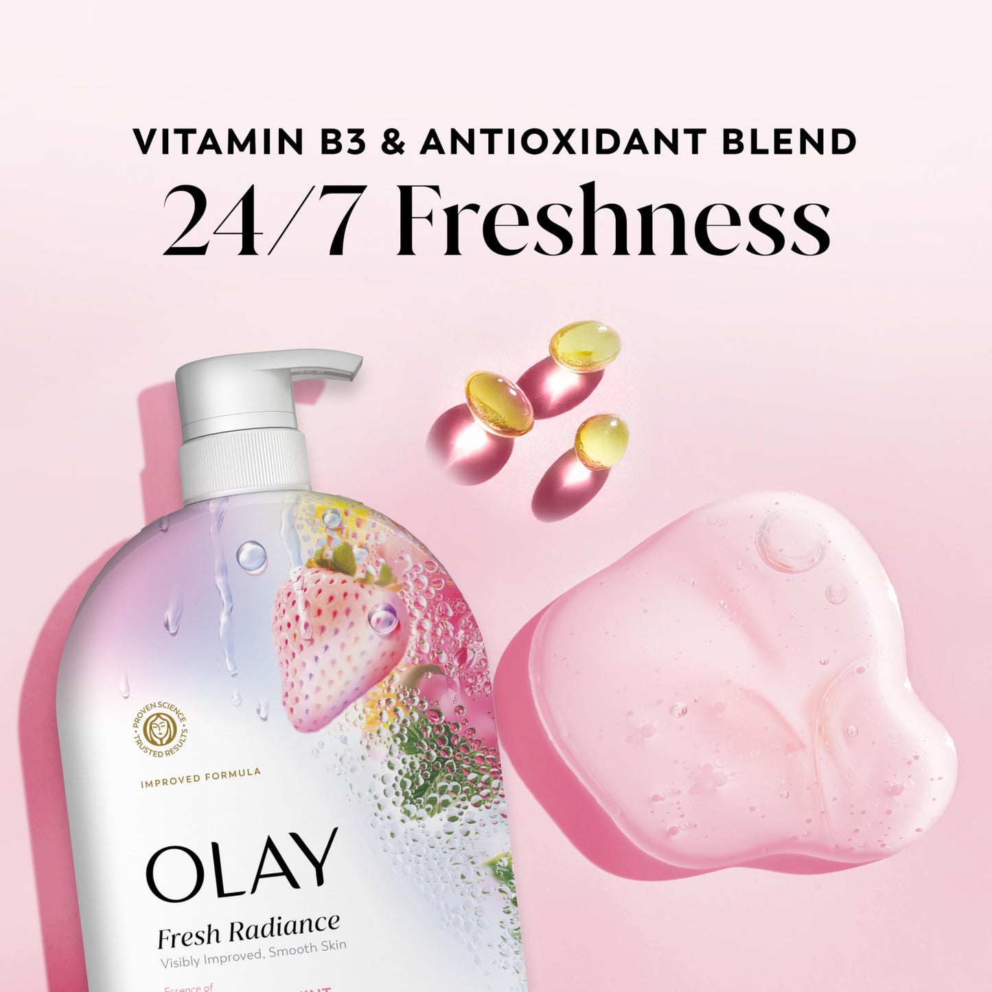 Olay Body Wash for Women, Fresh Radiance, 24/7 Skin-Loving Freshness, Visibly Radiant, Plant Based Cleansers, Vitamin B3 & Antioxidant Blend, For All