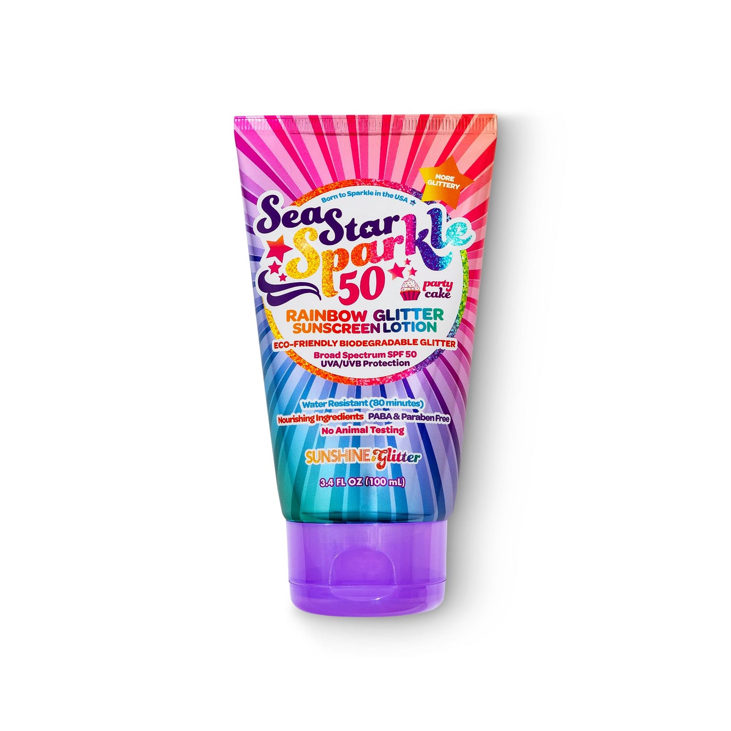 Seastar Sparkle - Rainbow Party Cake Scented Glitter Sunscreen - SPF 50 - Biodegradable Sunscreen, Kids, Water Resistant, Glitter lotion, Cruelty