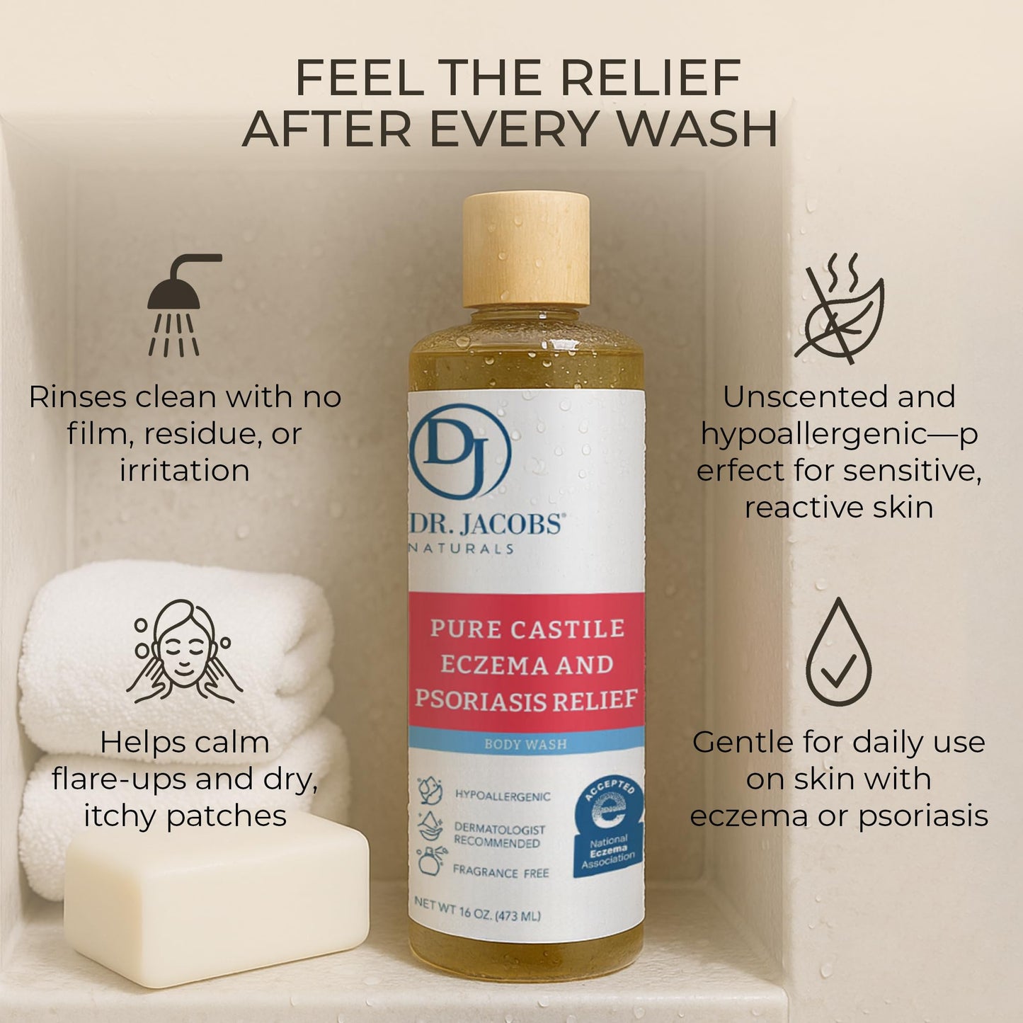 Dr. Jacobs Naturals Hypoallergenic Castile Soap, Dermatologist Tested Unscented Soap for Eczema & Psoriasis Relief - Sensitive Skin Body Wash Vegan Beauty & Personal Care DR.JACOBS NATURALS