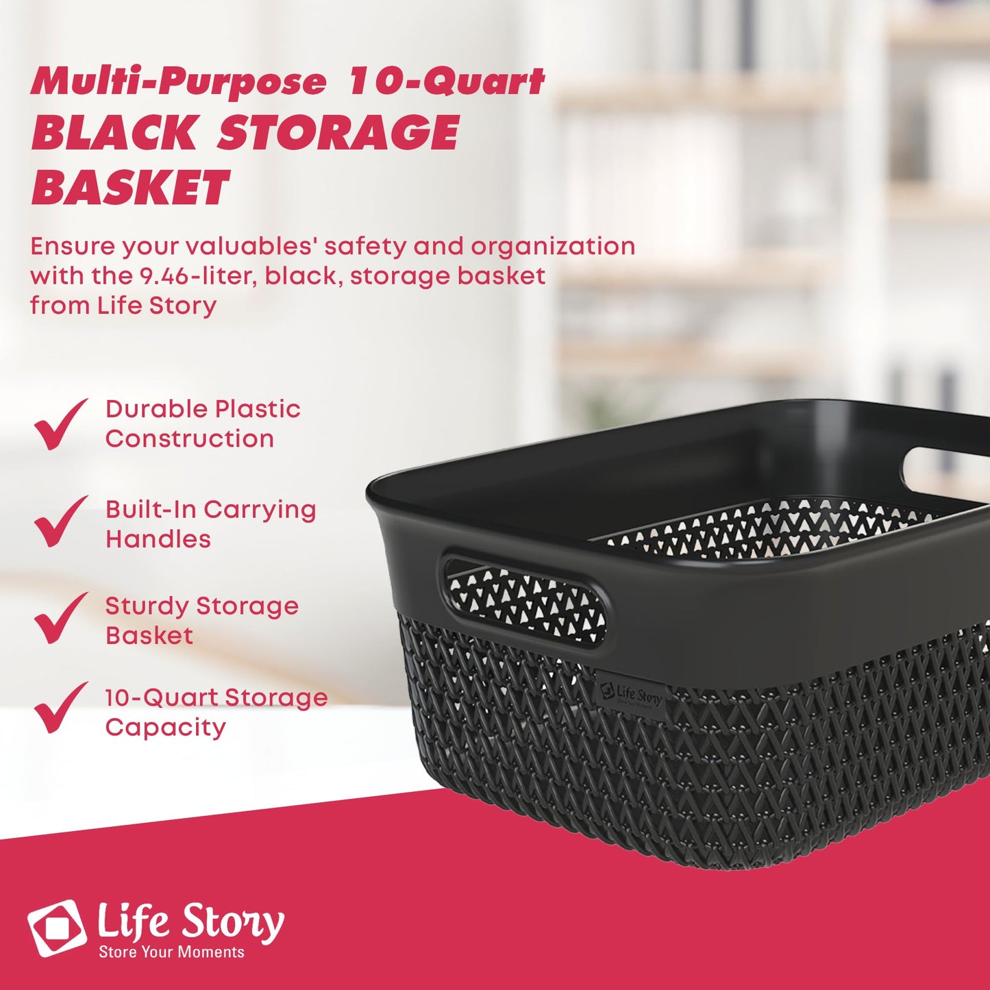 Life Story Medium Storage Basket, Decorative Plastic Home Organizer, Lightweight Versatile Tub with Built-In Handles, 10 Quart, Black