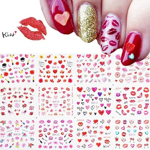 Valentine's Day Nail Decals - 12 Sheets Heart Rose Love Sexy Lips Lipstick Valentines Nail Art Tattoo Stickers DIY Nail Decoration for Women Girls