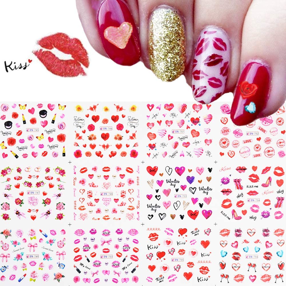 Valentine's Day Nail Decals - 12 Sheets Heart Rose Love Sexy Lips Lipstick Valentines Nail Art Tattoo Stickers DIY Nail Decoration for Women Girls