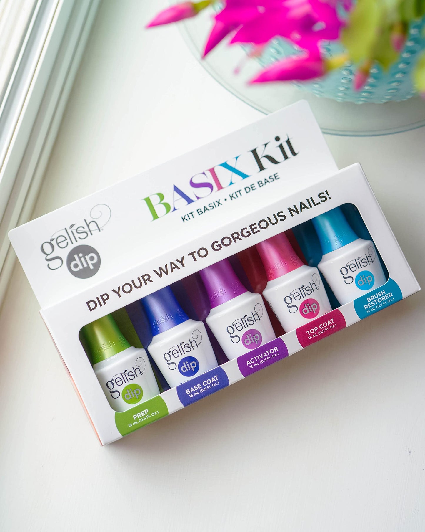 Gelish Dip Basix Kit - Prep, Base Coat, Activator, Top Coat & Brush Restorer - Easy, Odor-Free, No UV or LED Lamp Required for Long-Lasting