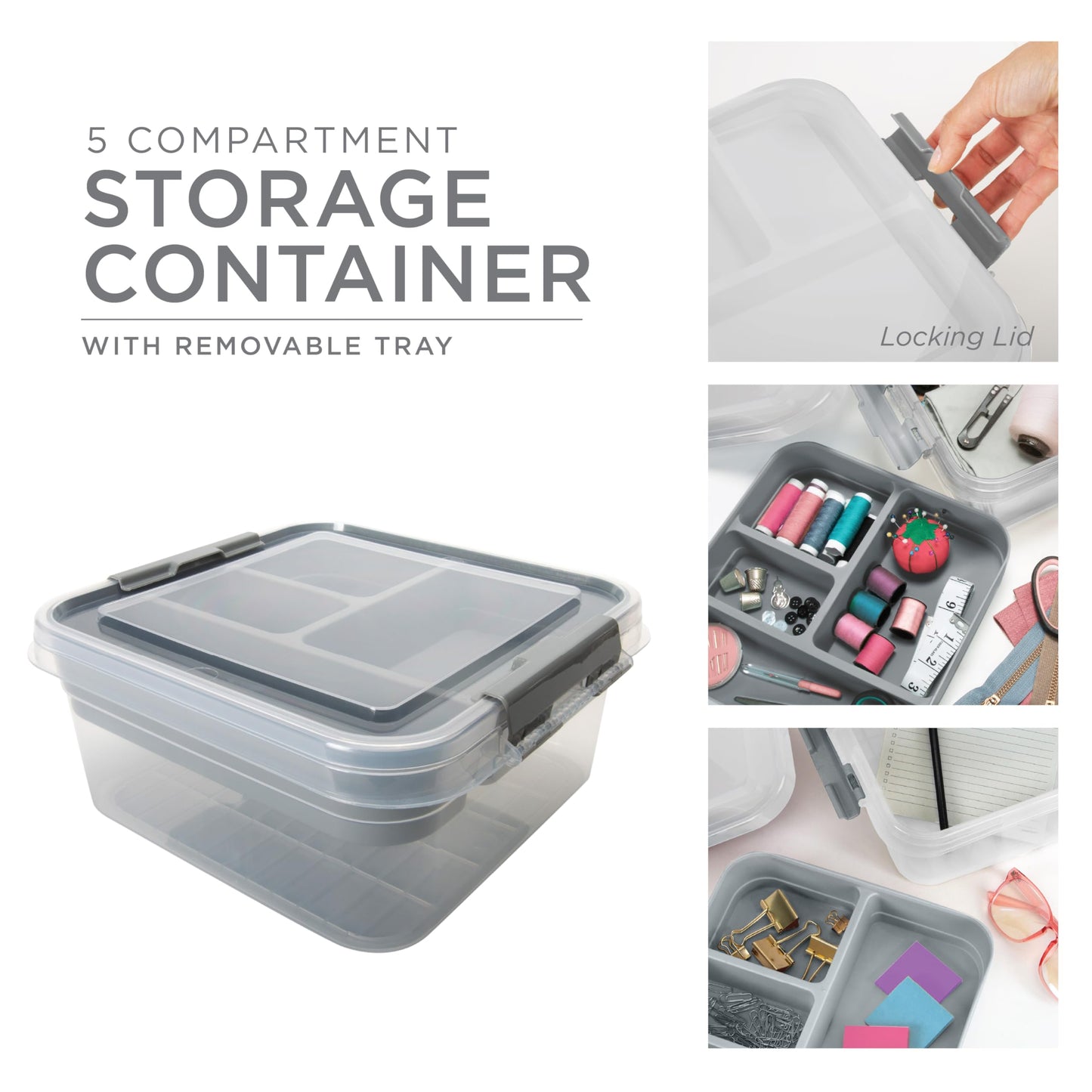 Simplify 5 Compartment Gift Supply Storage Box | 2 Tier Box | Red | Clear Top Lid | Dimensions: 9.5"x 9.5"x 4.5" | Snap Handle| Storage | Wrapping…