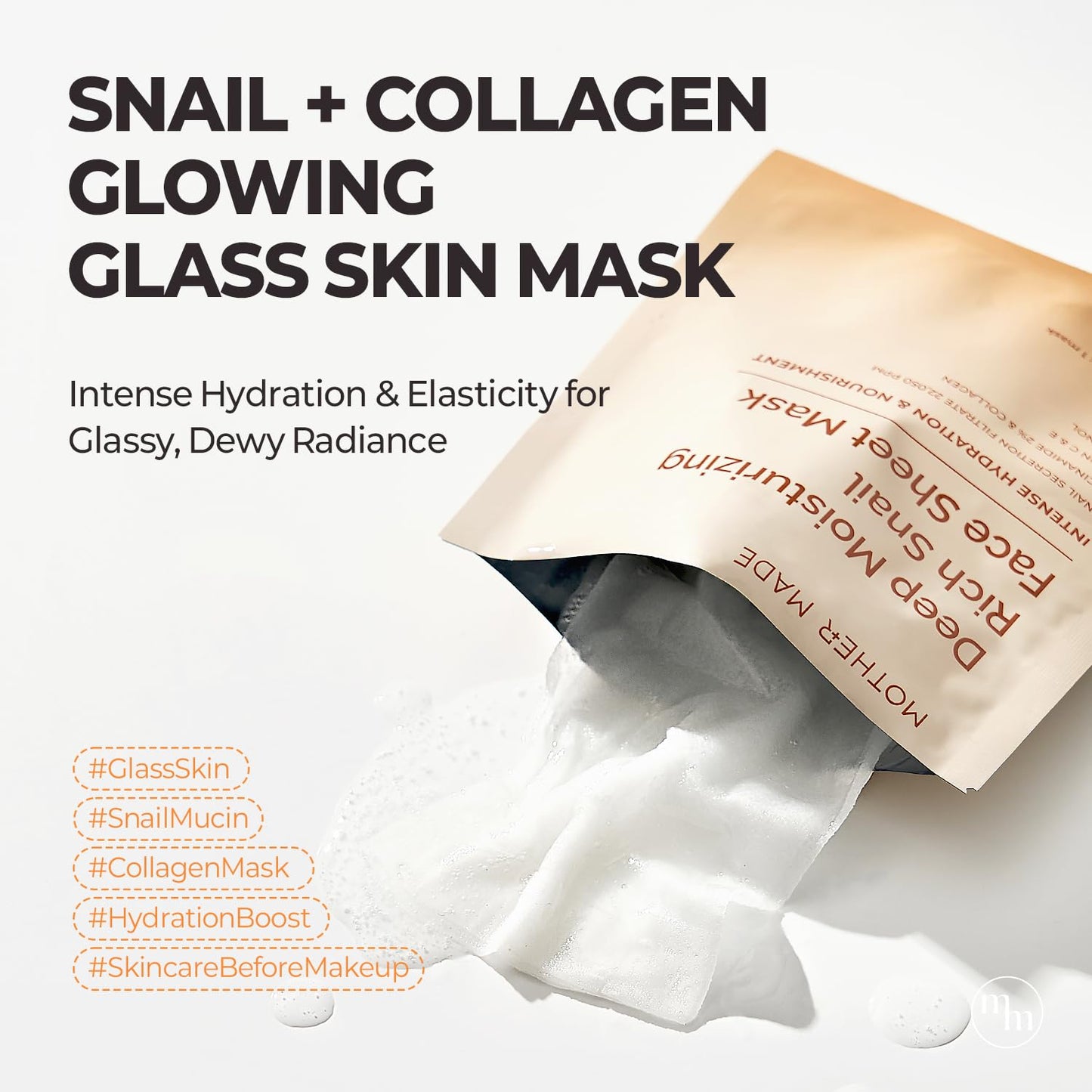 MOTHER MADE Glowing Glass Skin Hydrating Snail Deep Collagen Face Masks 10 EA, with Niacinamide 2%, Vitamin E, Facial Masks for Dry, Sensitive Skin