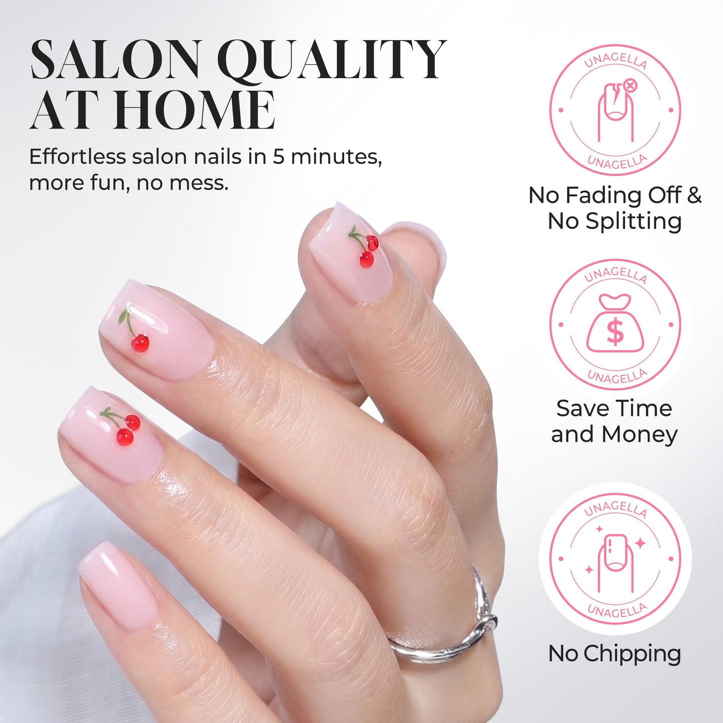 UNA GELLA Short Square Press On Nails Soft Gel - 32Pcs 16 Sizes Milky Pink Base Cherry Fake Nails with Glue and Adhesive Tabs, Reusable Glue On Nails Beauty and Personal Care UNA GELLA