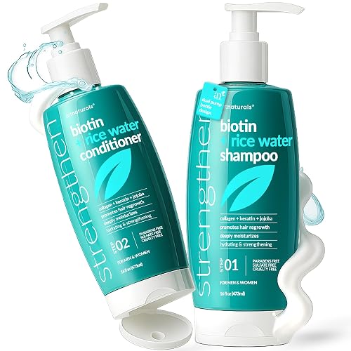 Biotin Rice Water Shampoo and Conditioner Set - Sulfate-Free Formula - Dual Bottle - Made with Collagen, Keratin, and Jojoba to Promote Strength