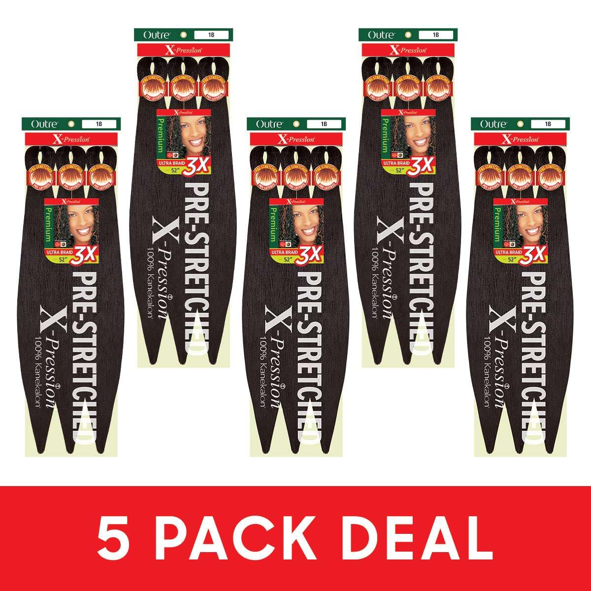 Outre X-Pression Braid - Pre Stretched Braid 52" 3X (5 Pack, OFF BLACK 1B) Beauty and Personal Care Outre