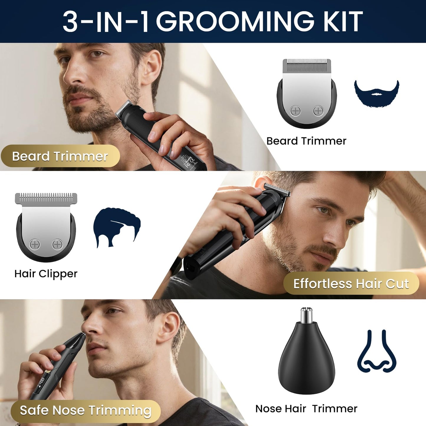 Ufree 3-in-1 Beard Trimmer for Men, IPX6 Waterproof Electric Razor Shaver, Hair Mustache Body Nose Trimmer, Type-C Clippers Husband Father boy Beauty and Personal Care Ufree