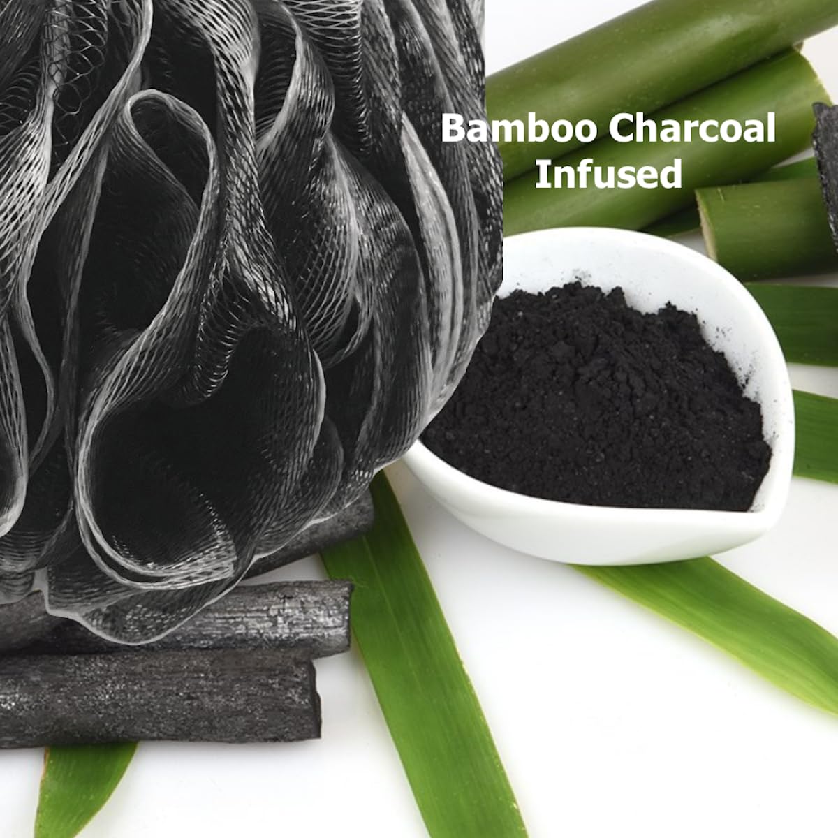 SHOWER BOUQUET Loofah-Charcoal Back-Scrubber & Bath-Sponge Color-Set // 1 Long-Handle-Back-Brush plus 2 Extra Large 75g Soft Mesh Loofa Lufa Loufa