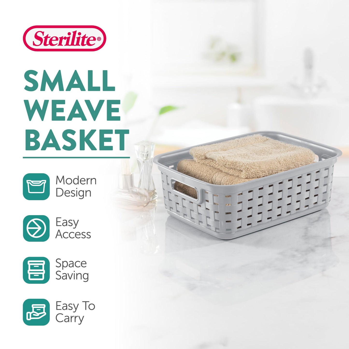 Sterilite 11 Inch Small Weave Open Bin Wicker Storage Basket Home Organizer Tote for Countertops, Bookshelves, and Closets, Cement, 8-Pack