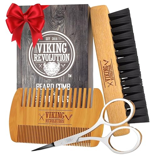 Viking Revolution Beard Comb & Beard Brush Set for Men -- Natural Boar Bristle Brush and Dual Action Pear Wood Comb w/Velvet Travel Pouch - Great
