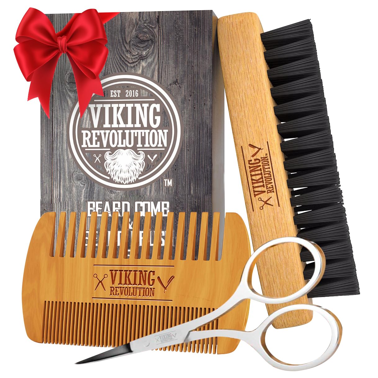 Viking Revolution Beard Comb & Beard Brush Set for Men -- Natural Boar Bristle Brush and Dual Action Pear Wood Comb w/Velvet Travel Pouch - Great