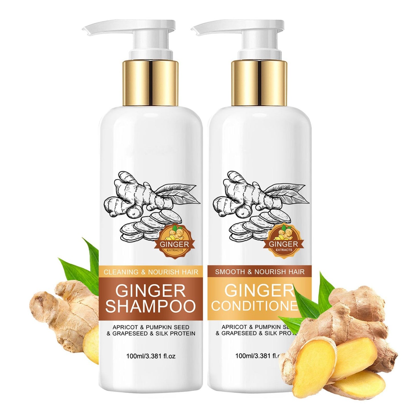 Ginger Shampoo and Conditioner Set, Deep Nourishing Shampoo and Conditioner for Hair Growth, Scalp Care, Frizz Control, and Damage Repair, Adds Shine