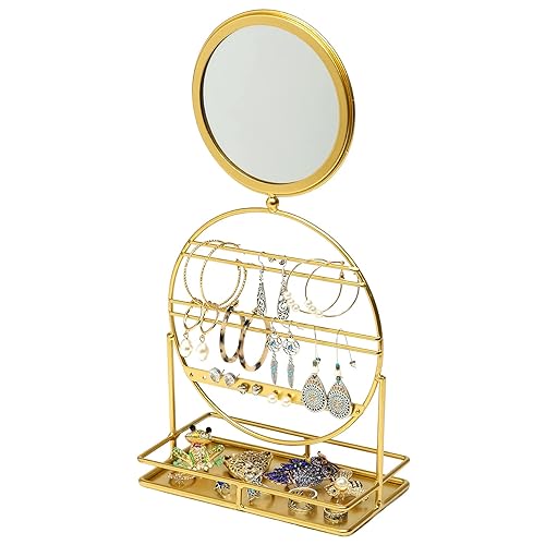 EXCELLO GLOBAL PRODUCTS Free Standing Tabletop Jewelry Organizer with Mirror: Bracelet, Necklace & Earring Storage Display for Bedroom or Vanity…