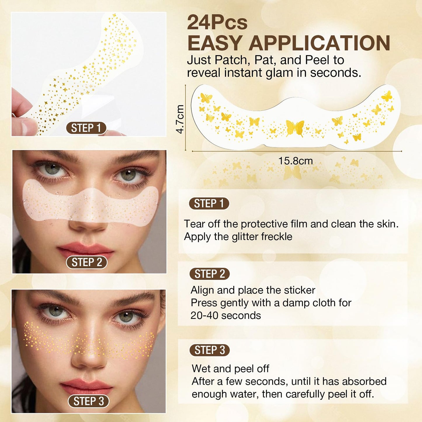 Wodelanle Glitter Freckles Face Tattoo, 24 Count Gold Face Glitter Speckles Makeup Patches, Glow Up Makeup Patches, Cute Glitter Freckles Makeup