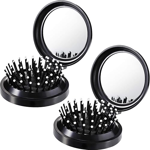Boao 2 Pack Foldable Travel Mirror Hair Brushes Round Portable Folding Pocket Hair Brush Mini Comb Compact Travel Size Massage Comb for Men