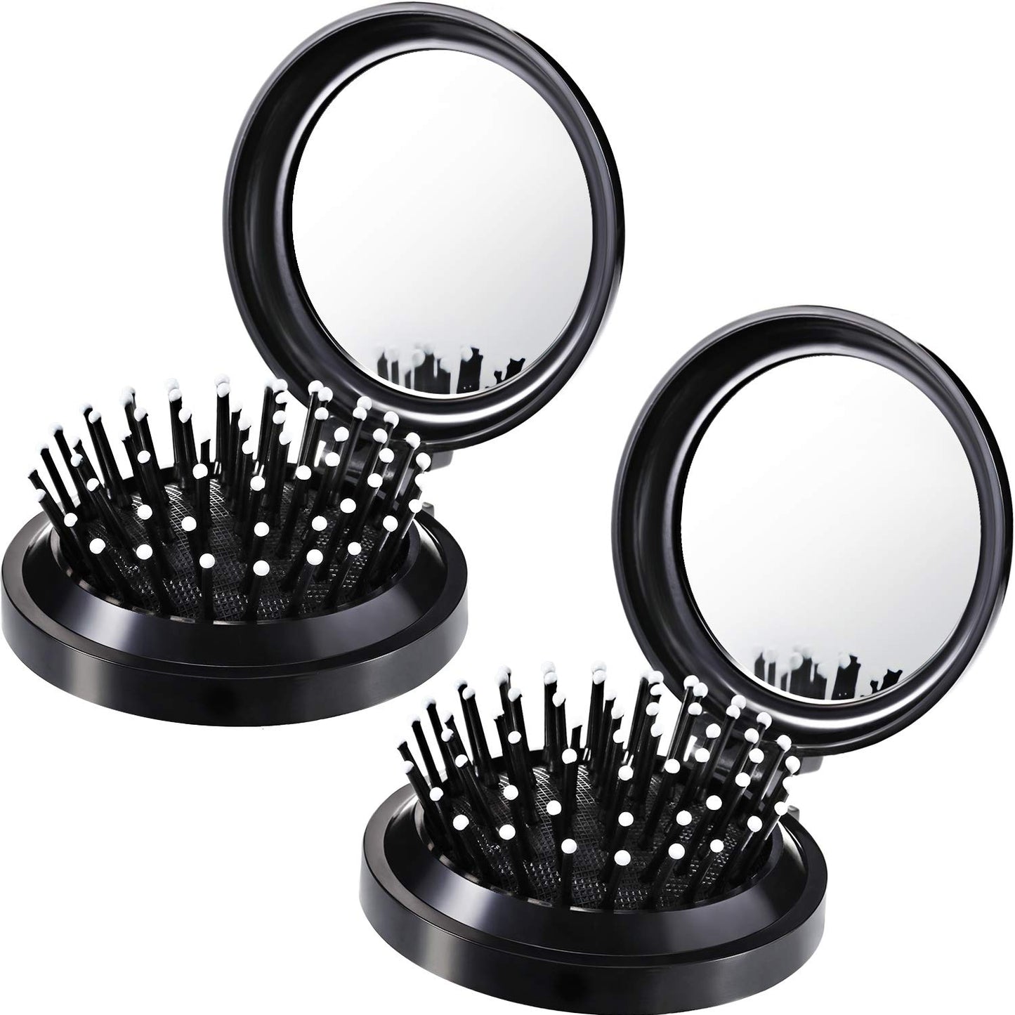Boao 2 Pack Foldable Travel Mirror Hair Brushes Round Portable Folding Pocket Hair Brush Mini Comb Compact Travel Size Massage Comb for Men