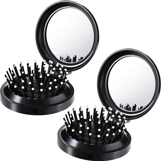 Boao 2 Pack Foldable Travel Mirror Hair Brushes Round Portable Folding Pocket Hair Brush Mini Comb Compact Travel Size Massage Comb for Men