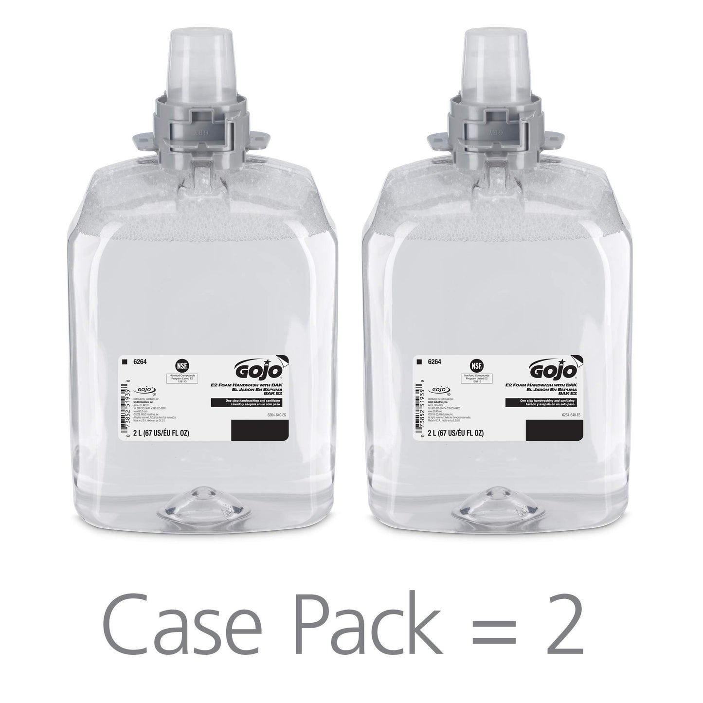 GOJO E2 Foam Handwash with BAK, Fragrance Free, 2000 mL Foam Hand Soap Refill FMX-20 Push-Style Dispenser (Pack of 2) - 6264-02