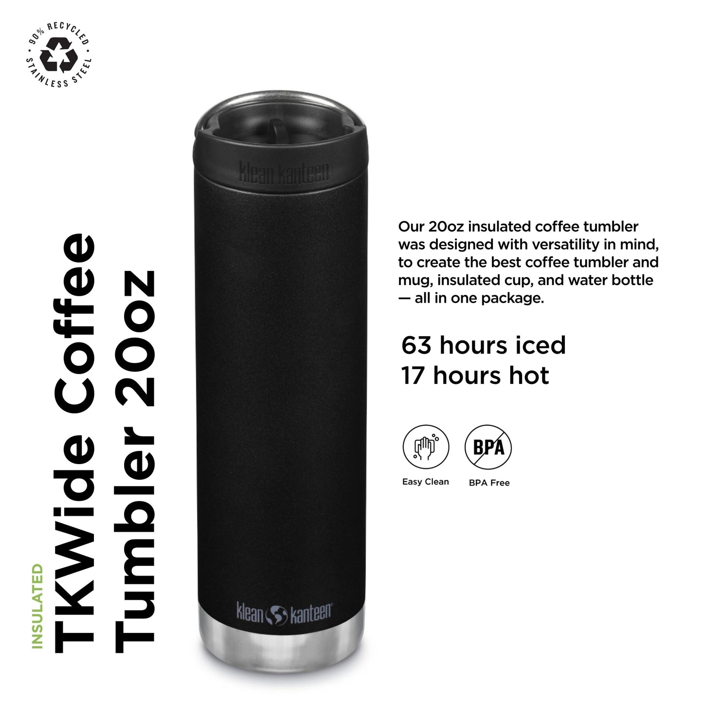 Klean Kanteen TKWide Insulated Coffee Tumbler with Cafe Cap - Stainless Steel & Thermal Tumbler - Black, 20 oz