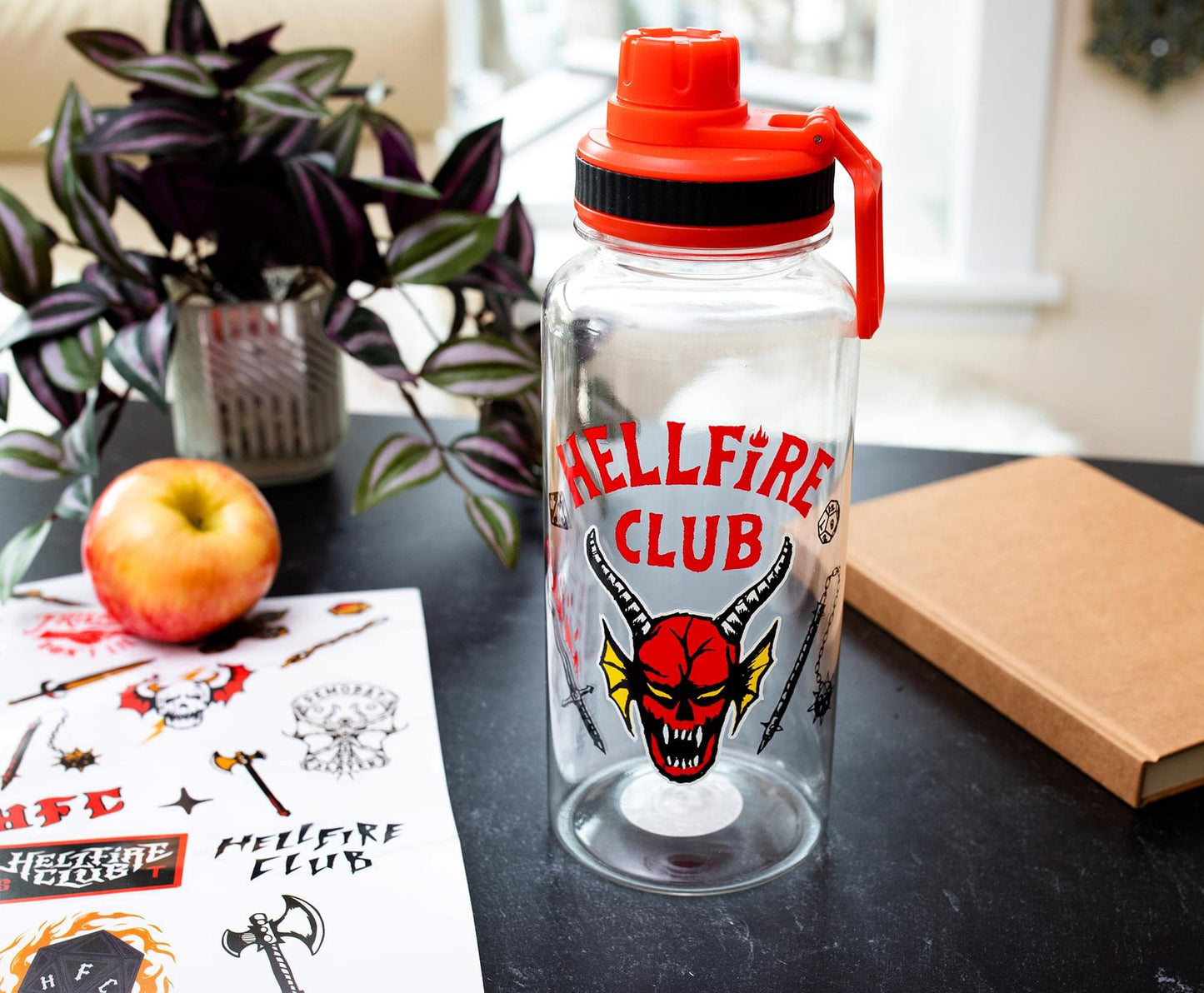 Toynk Stranger Things Hellfire Club Twist Spout Water Bottle and Sticker Set | BPA-Free Plastic Sports Jug | Holds 32 Ounces
