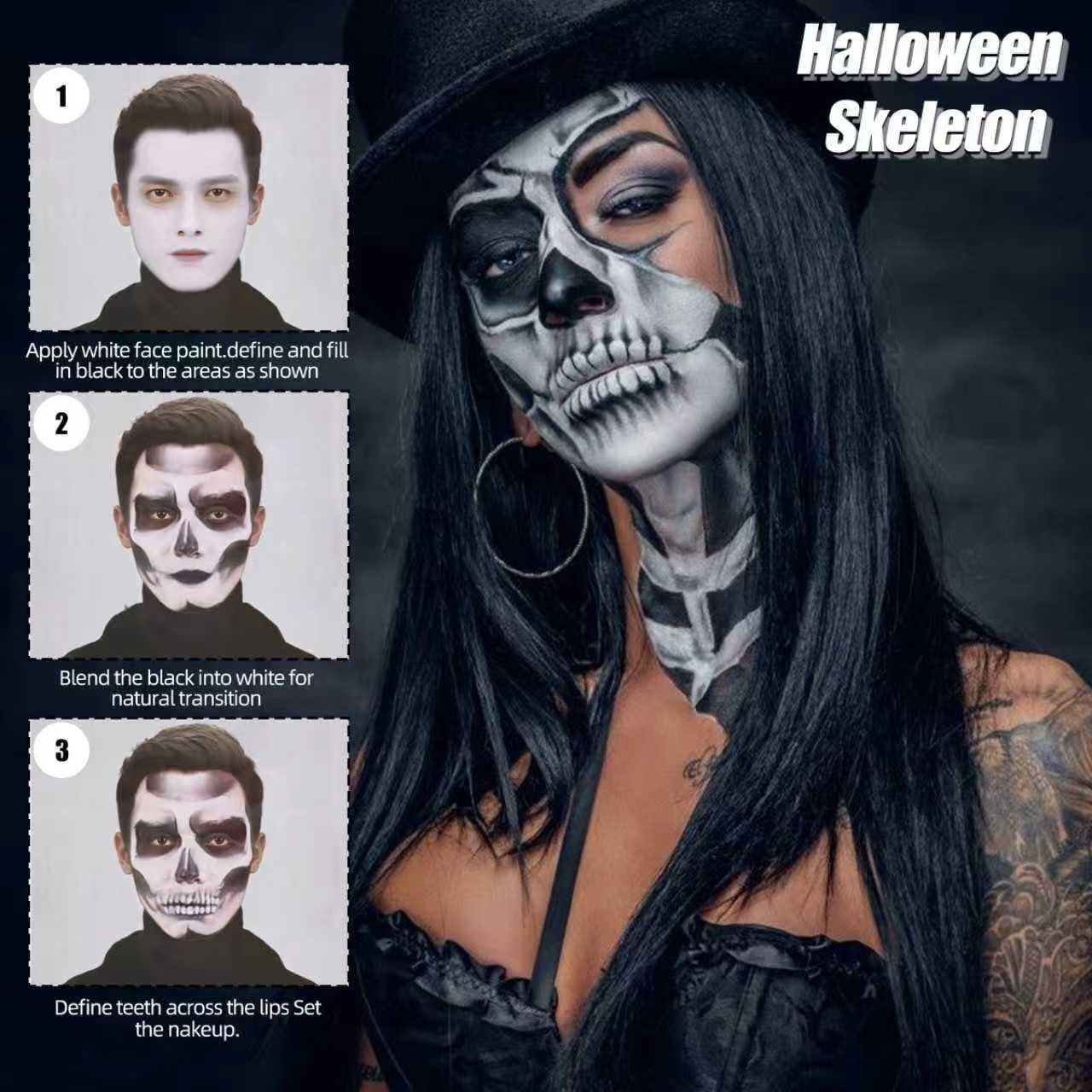 Professional Halloween Skeleton Makeup Kit, Full Face & Body Paint Set with Dual-End Brushes, Setting Powder & Easy-Grip Sponges, Ideal for SFX