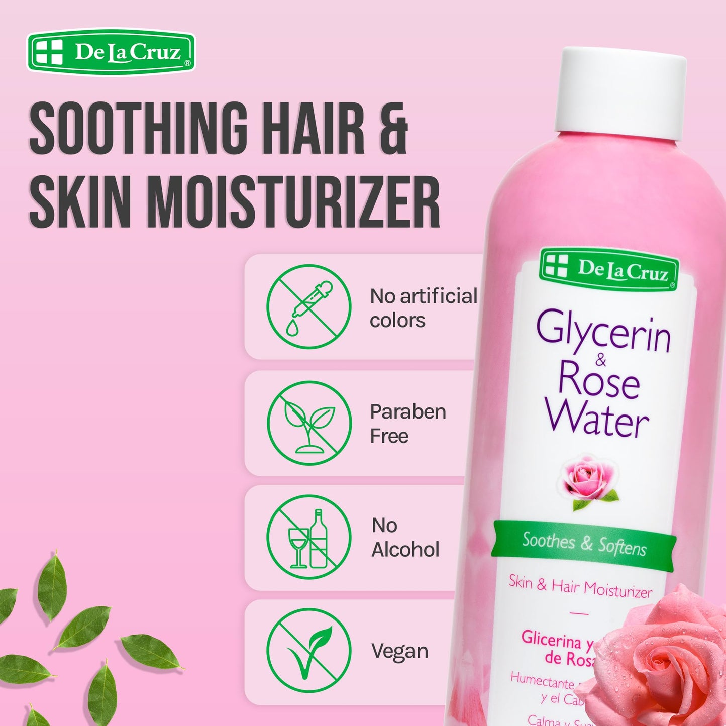 De La Cruz Rose Water and Glycerin for Face - Rosewater Facial Toner and Moisturizer for Skin and Hair 8 fl oz (236 mL) - 5 Bottles