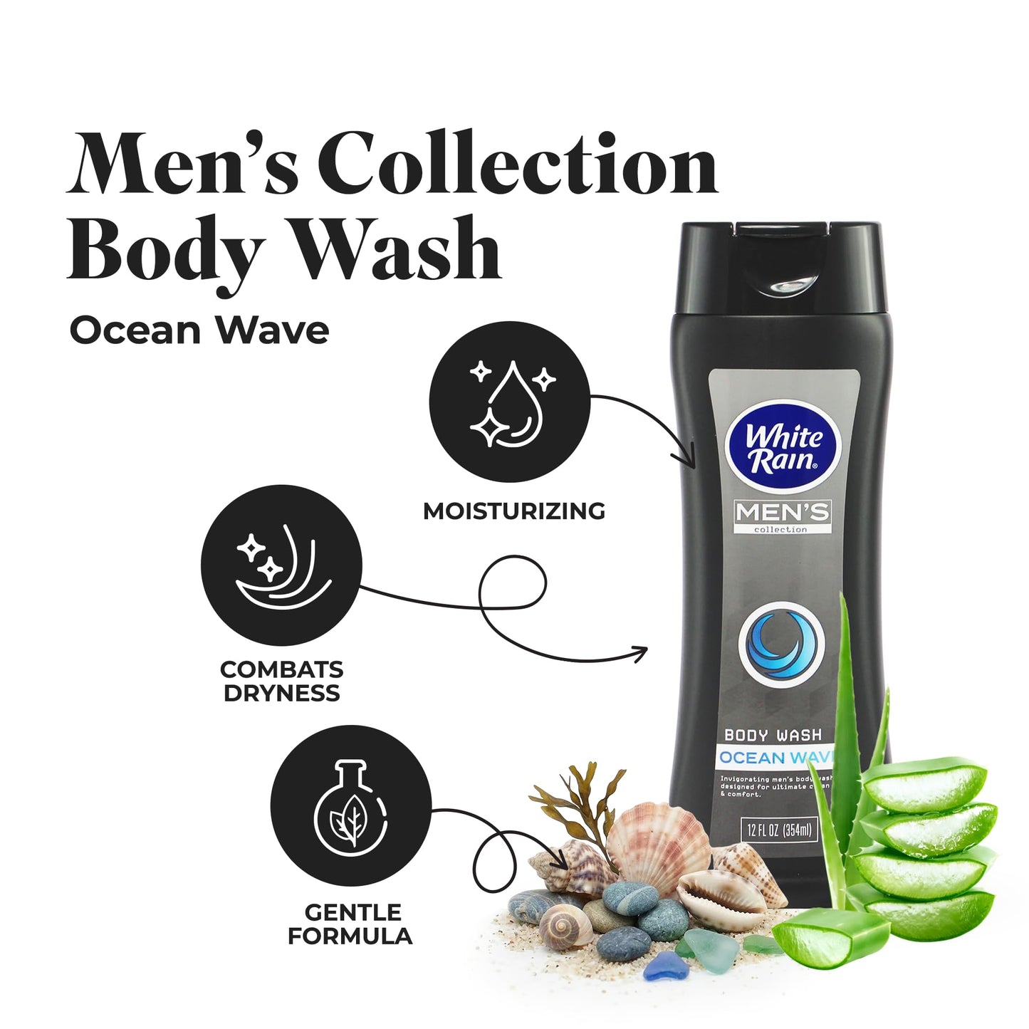 White Rain Mens Body Wash, 12 fl oz, Pack of 2 - Body Wash for Men with Vitamin E, Aloe & Marine Extracts, Paraben Free Shower Gel, Cool Ocean Wave