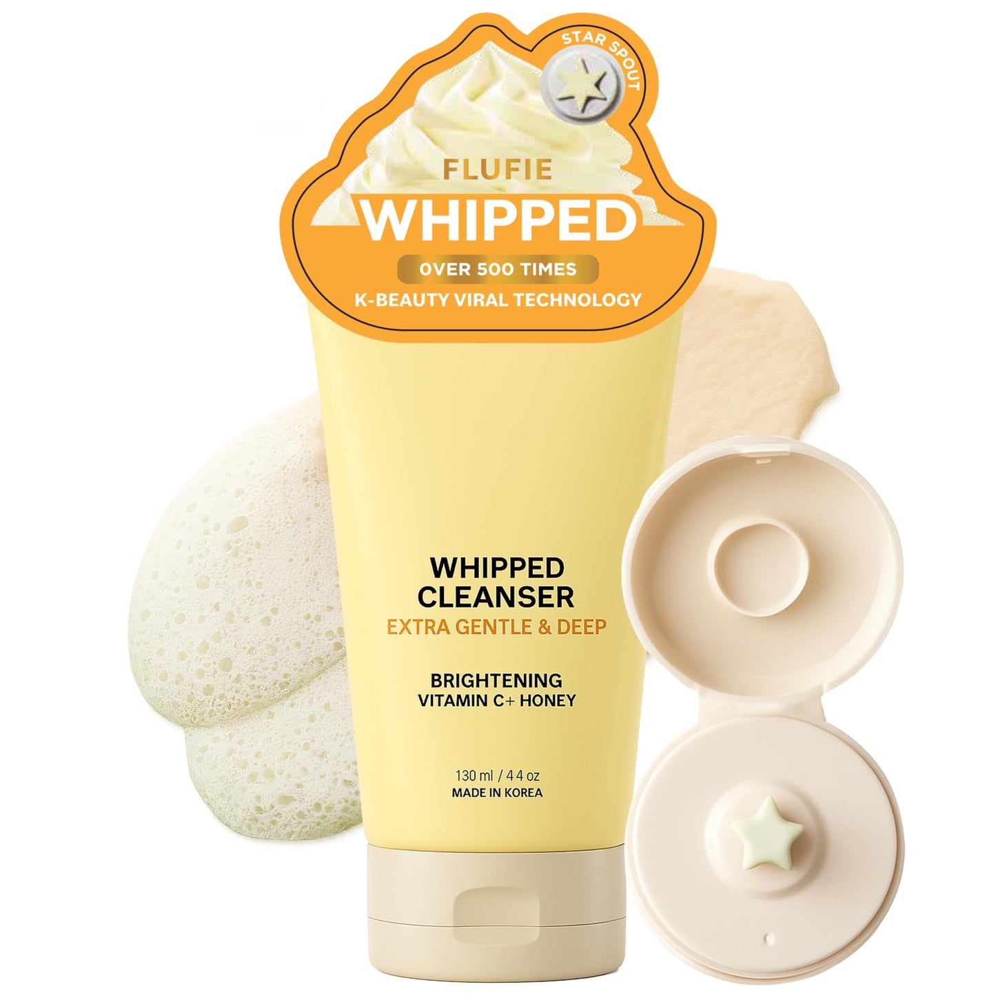 Flufie Whipped Facial Cleanser with Vitamin C & Honey - Brightening, Hydrating, Soothing & Pore Cleansing - Dermatologist Tested, Anti-Aging, Korean