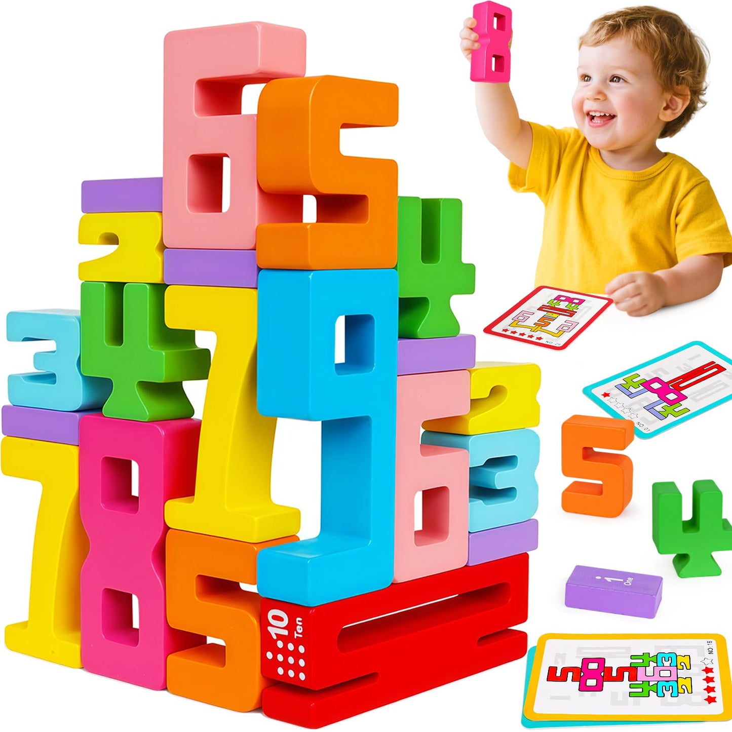 Montessori Wooden Number Blocks 1-10 – Stacking Math Learning Toys for Toddlers & Kids Ages 3-5, Educational Balance Game Gift