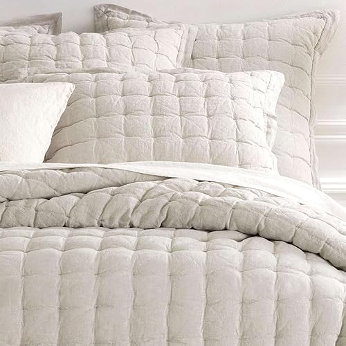 Pine Cone Hill Lush Linen Natural Puff Pillow Sham, Euro Size, Neutral Solid Pattern