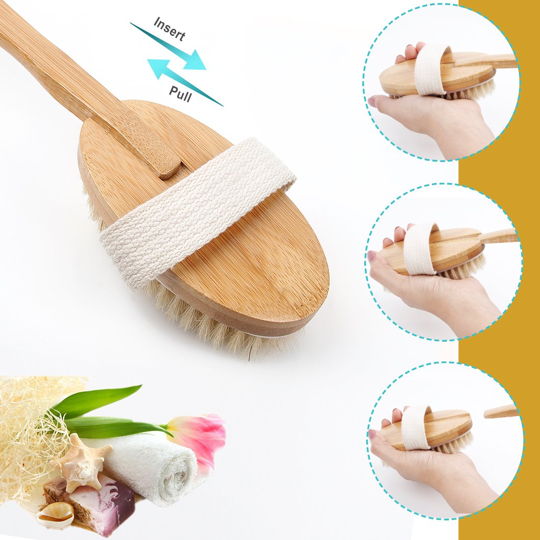 Bath Body Brush & Shower,Dry Skin Brushing with 100% Natural Boar Bristles & 16 inches Long Bamboo Detachable Handle,Back Scrubber for Exfoliates