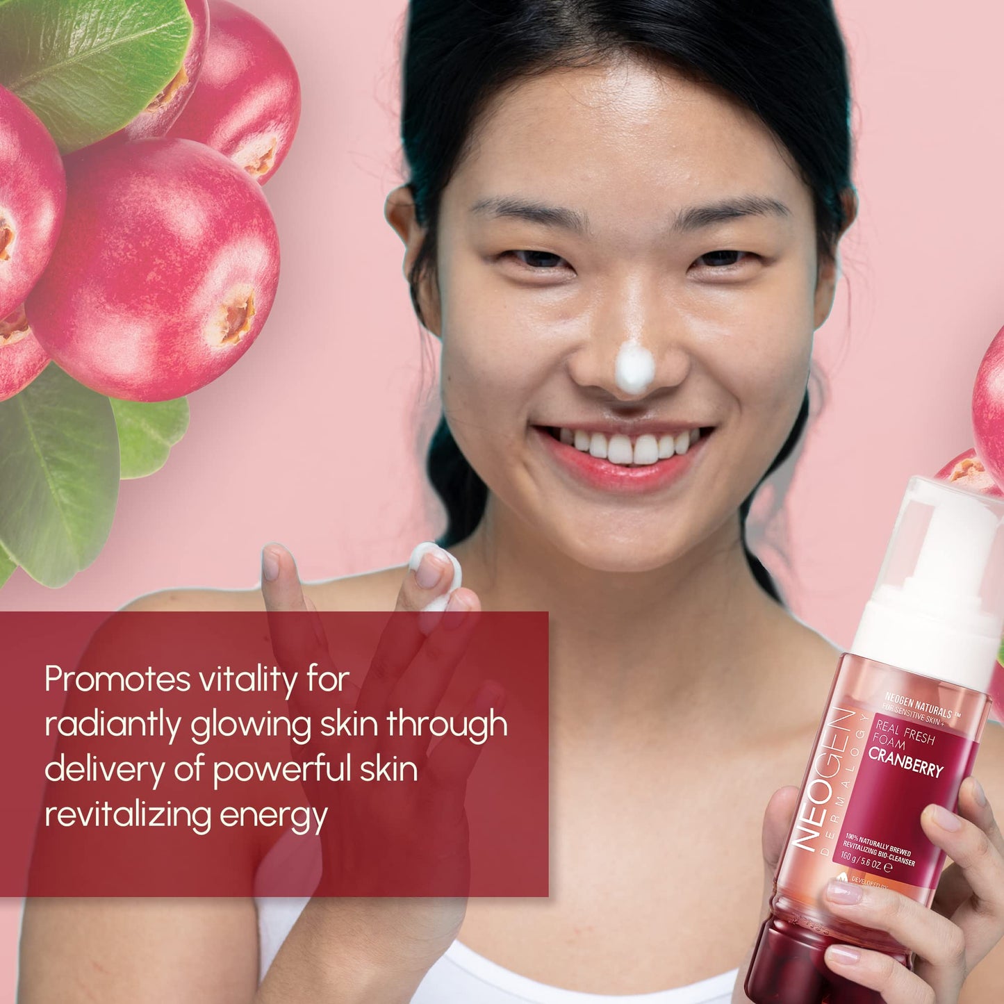 DERMALOGY by NEOGENLAB Real Fresh Foam Cleanser, Cranberry 5.6 Fl Oz (160g) - Revitalizing & Hydrating Gentle Cleansing Foam with Real Cranberries
